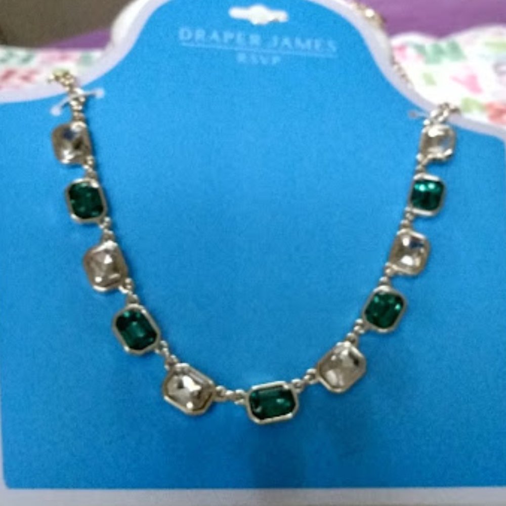 DRAPER JAMES MODERN GOLD/EMERALD GREEN & CLEAR CRYSTAL NECKLACE**NEW! - Picture 3 of 4